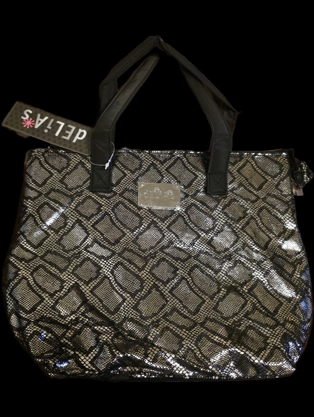 dELiA*s Metallic Snake-Print Tote Bag in Black